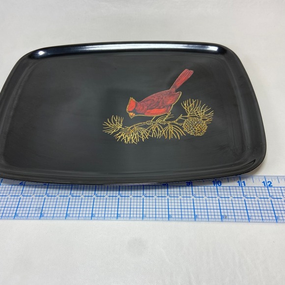 Vintage 60s Couroc Monterey Black Cardinal Tray Hand Inlay Bird MCM USA Serving - Picture 6 of 8